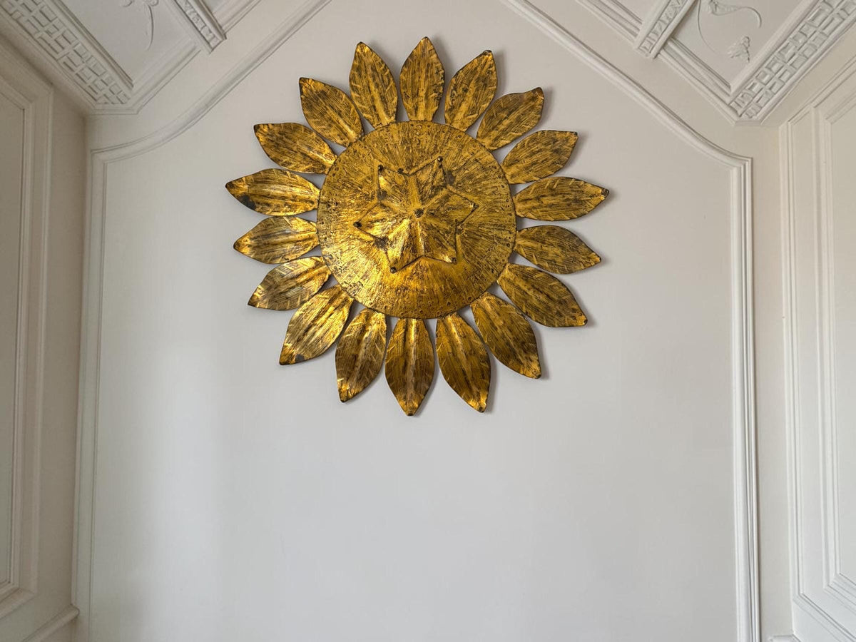 Spanish gold Gilt Metal Sunburst Ceiling Light, 1960s hollywood regency vintage luxury lamp