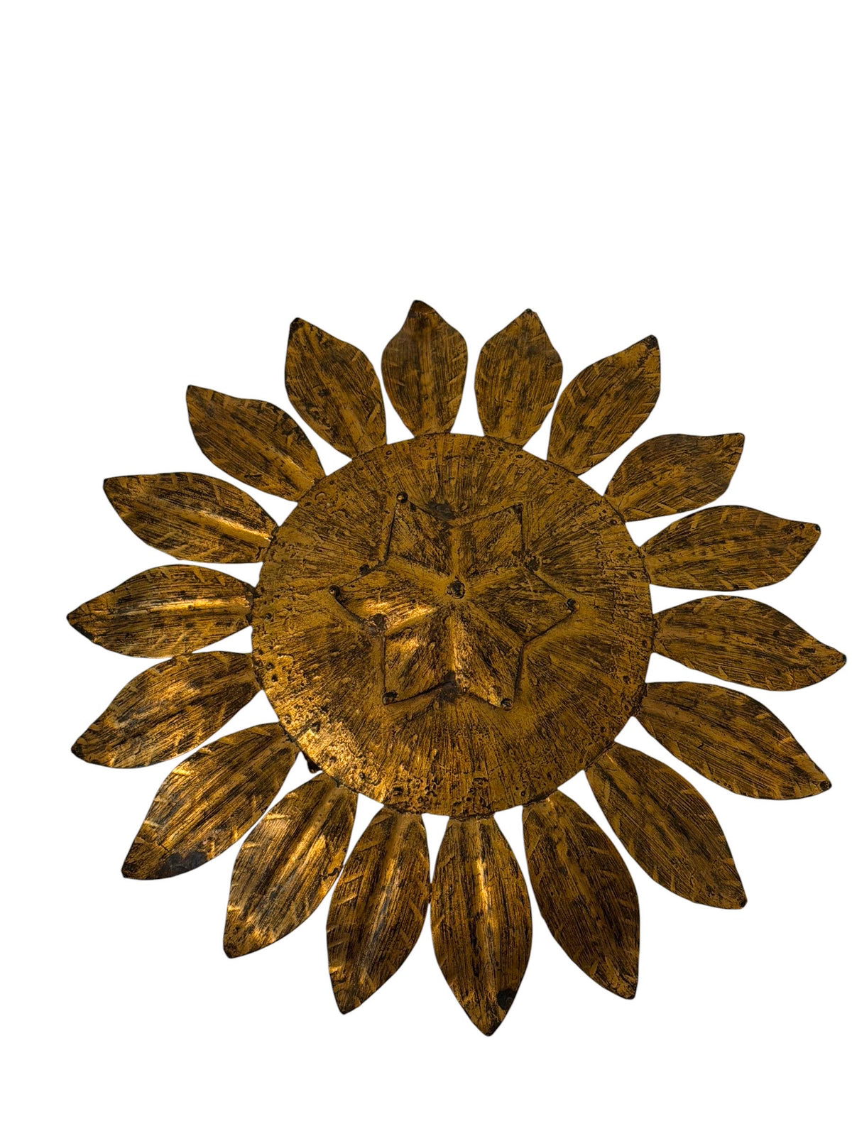 Spanish gold Gilt Metal Sunburst Ceiling Light, 1960s hollywood regency vintage luxury lamp