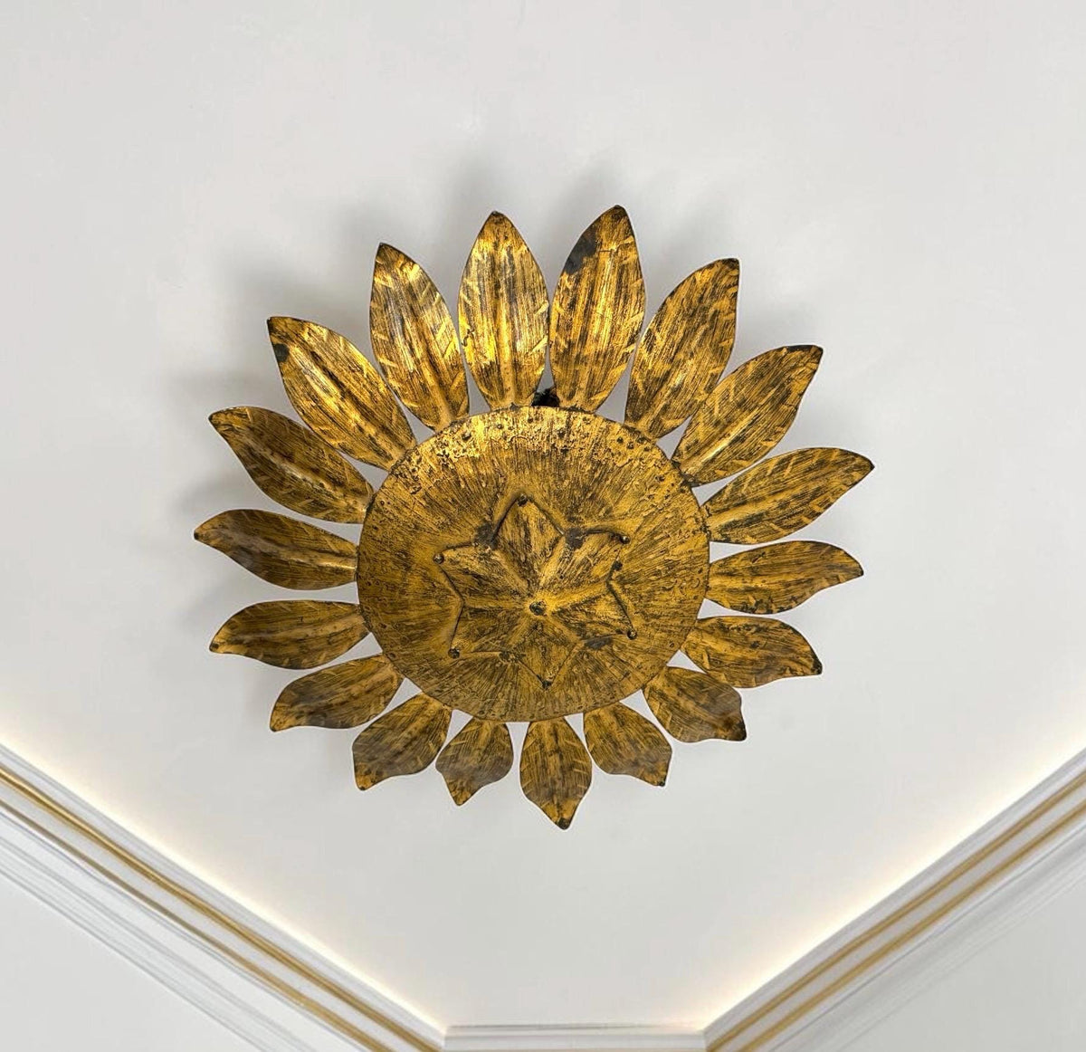 Spanish gold Gilt Metal Sunburst Ceiling Light, 1960s hollywood regency vintage luxury lamp