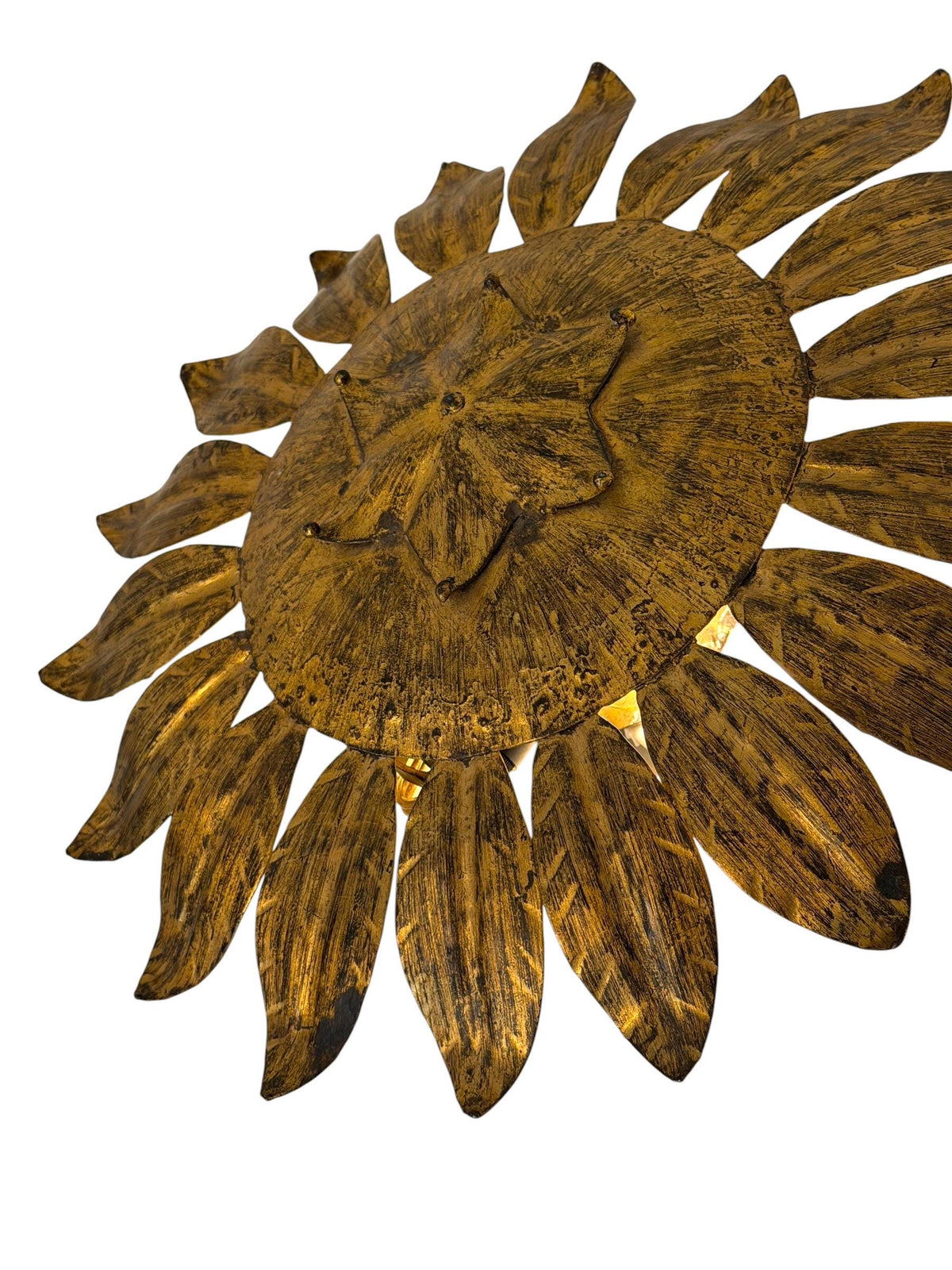 Spanish gold Gilt Metal Sunburst Ceiling Light, 1960s hollywood regency vintage luxury lamp