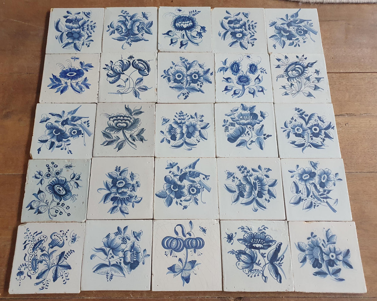 25 x Antique Delft Tiles, 18th Century, Floral Blue Flowers, wall tiles planttile.