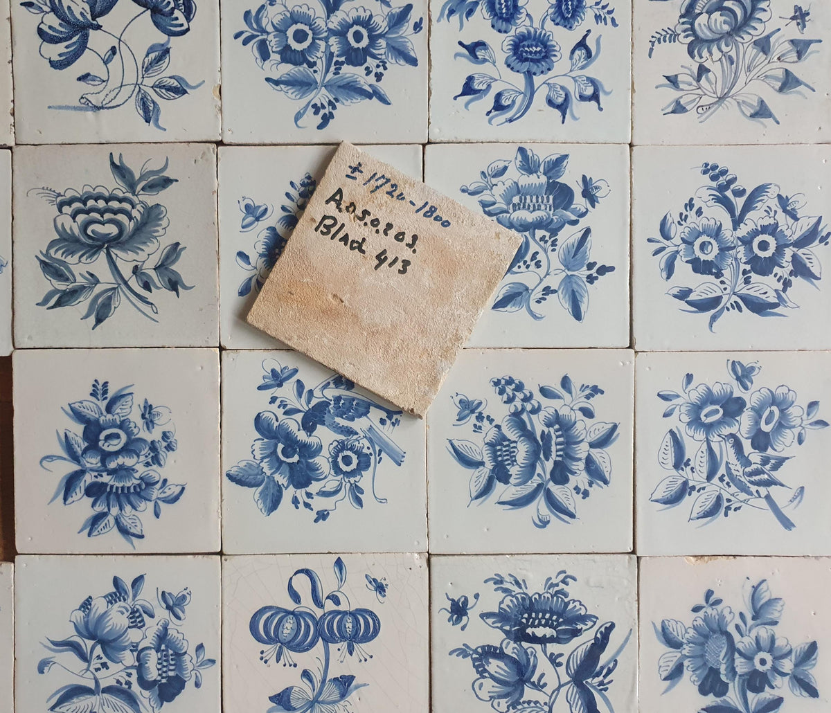 25 x Antique Delft Tiles, 18th Century, Floral Blue Flowers, wall tiles planttile.