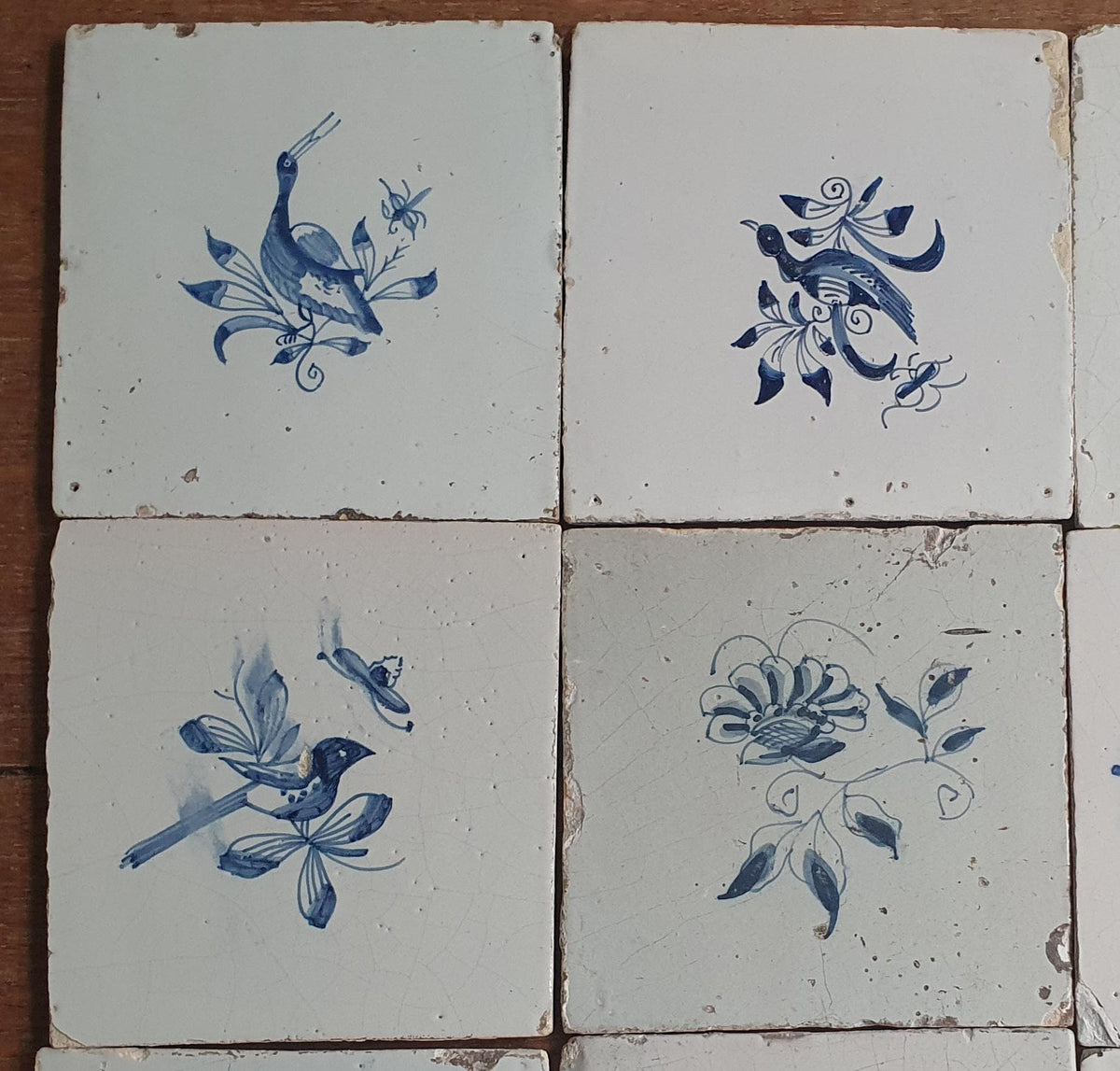 16 x Antique Delft Tiles, 18th Century, Floral Blue Flowers, planttile.