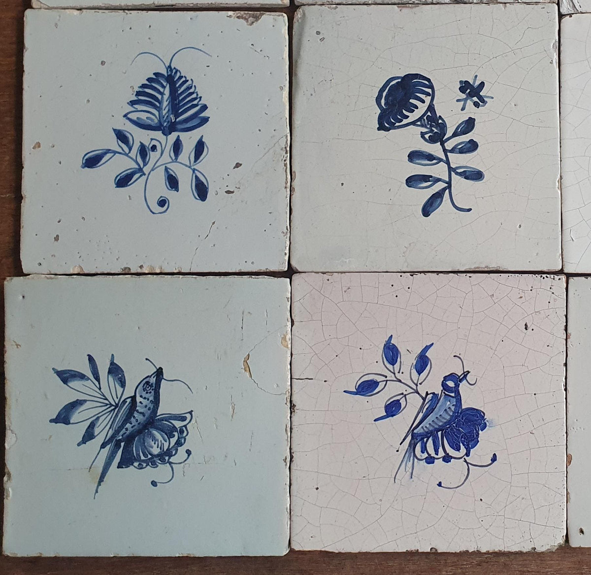 16 x Antique Delft Tiles, 18th Century, Floral Blue Flowers, planttile.