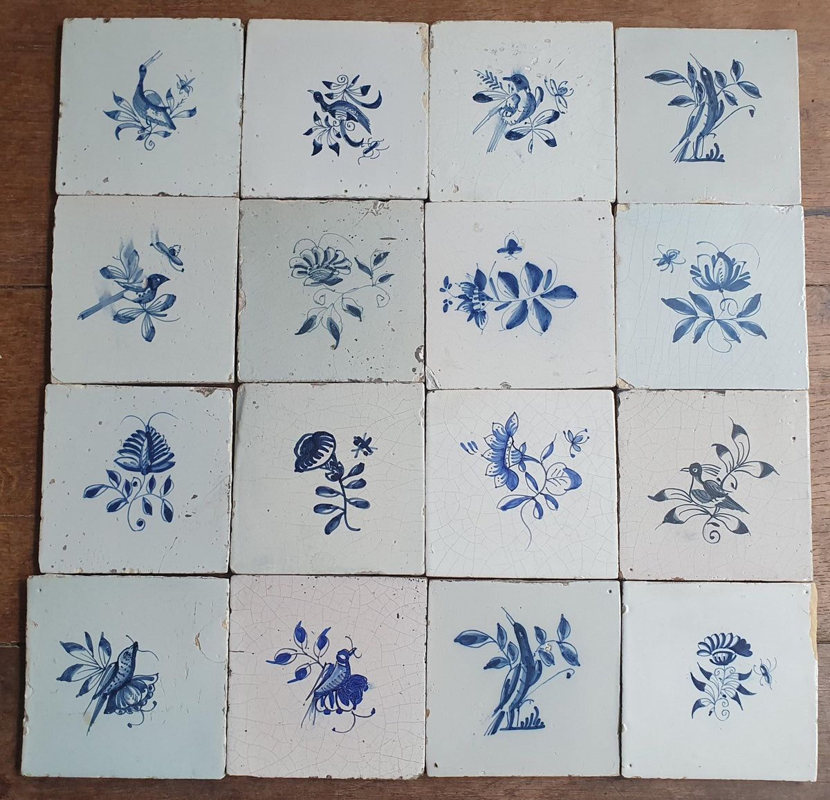 16 x Antique Delft Tiles, 18th Century, Floral Blue Flowers, planttile.