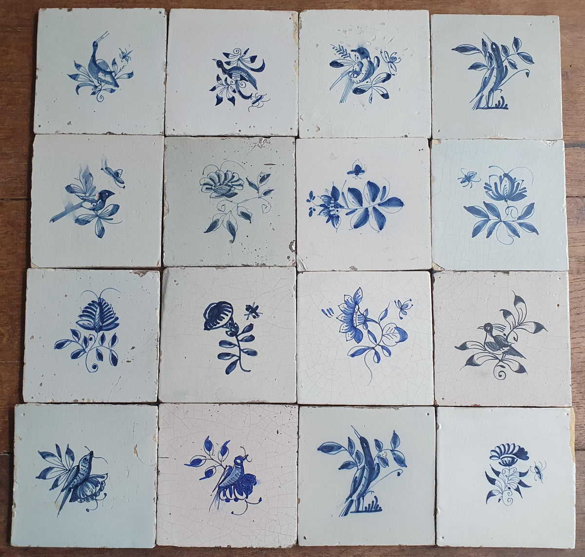 16 x Antique Delft Tiles, 18th Century, Floral Blue Flowers, planttile.