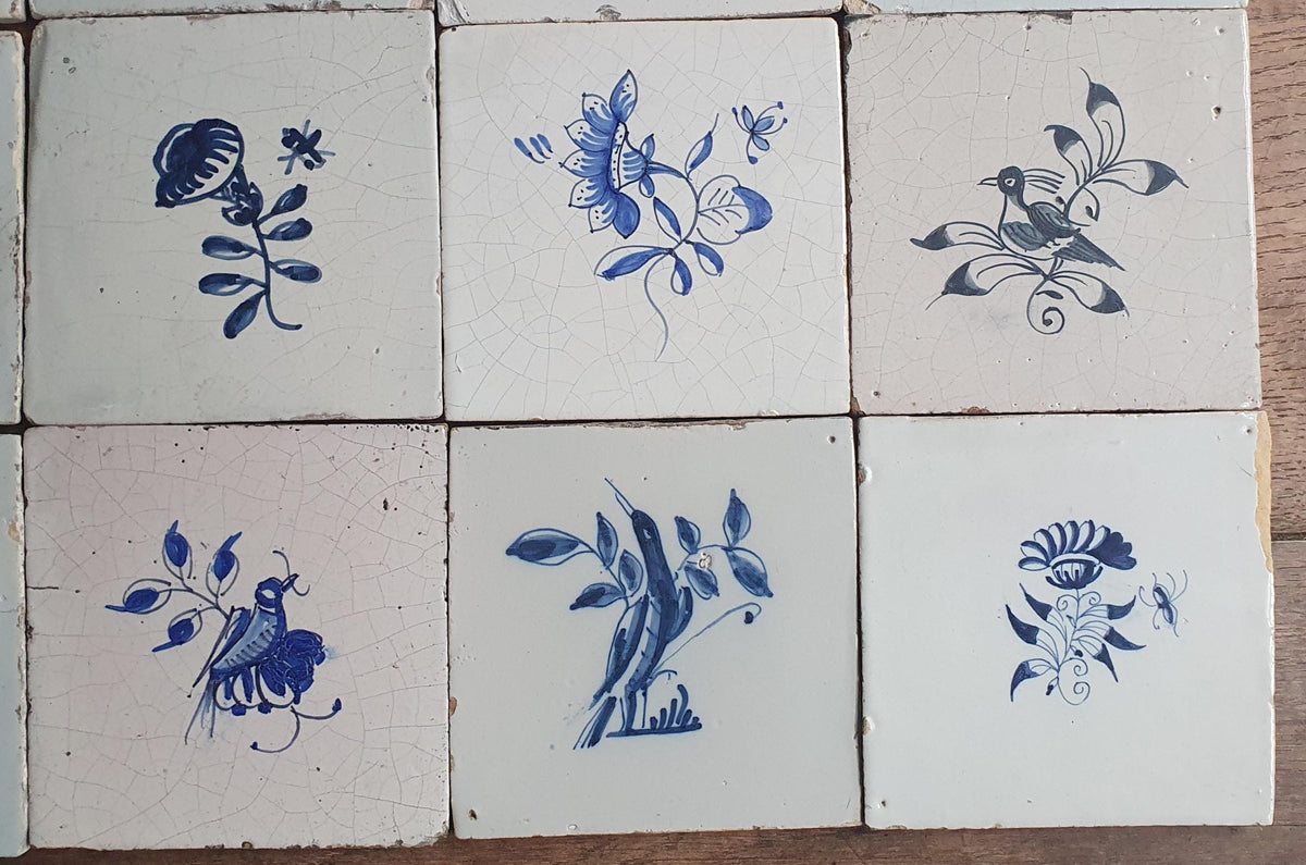 16 x Antique Delft Tiles, 18th Century, Floral Blue Flowers, planttile.