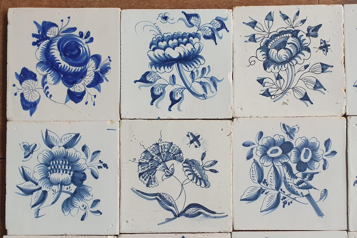 20 x Antique Delft Tiles, 18th Century, Floral Blue Flowers, planttile.