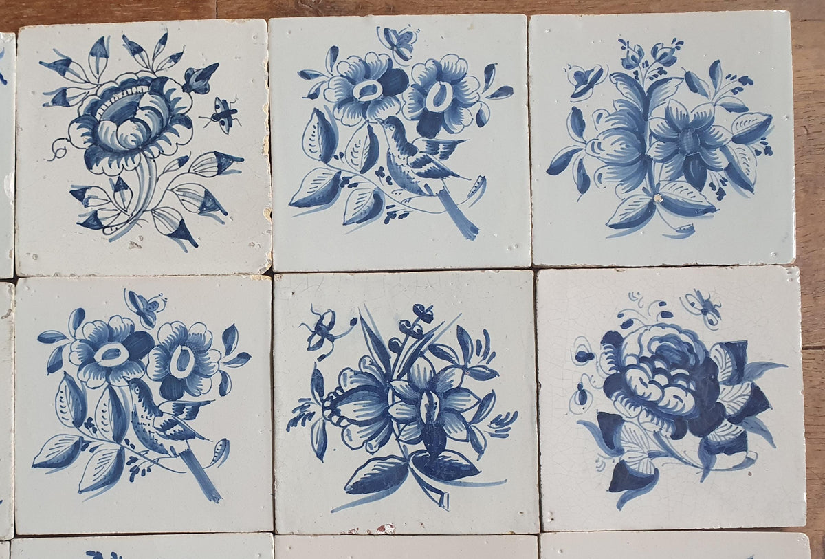 20 x Antique Delft Tiles, 18th Century, Floral Blue Flowers, planttile.