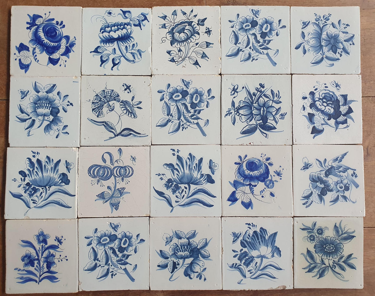 20 x Antique Delft Tiles, 18th Century, Floral Blue Flowers, planttile.