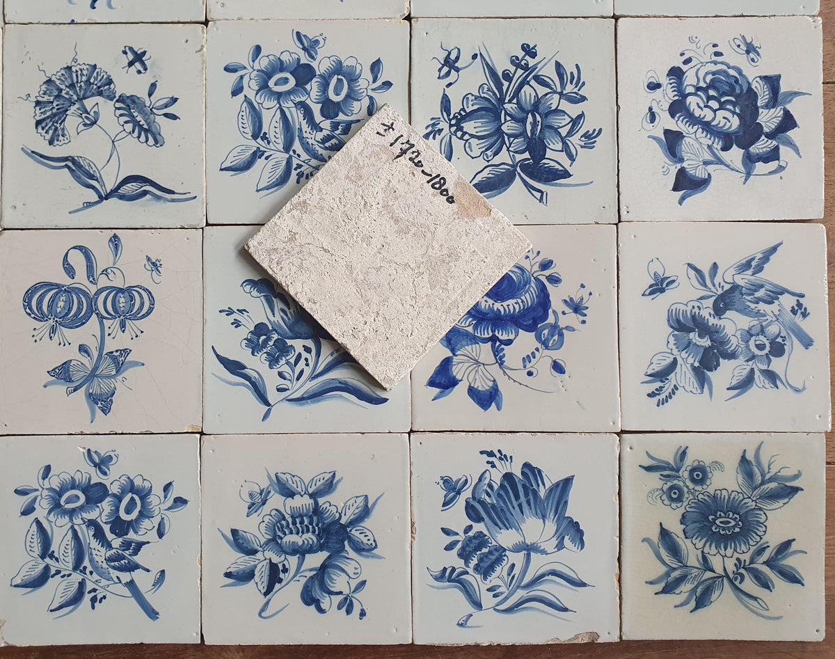 20 x Antique Delft Tiles, 18th Century, Floral Blue Flowers, planttile.