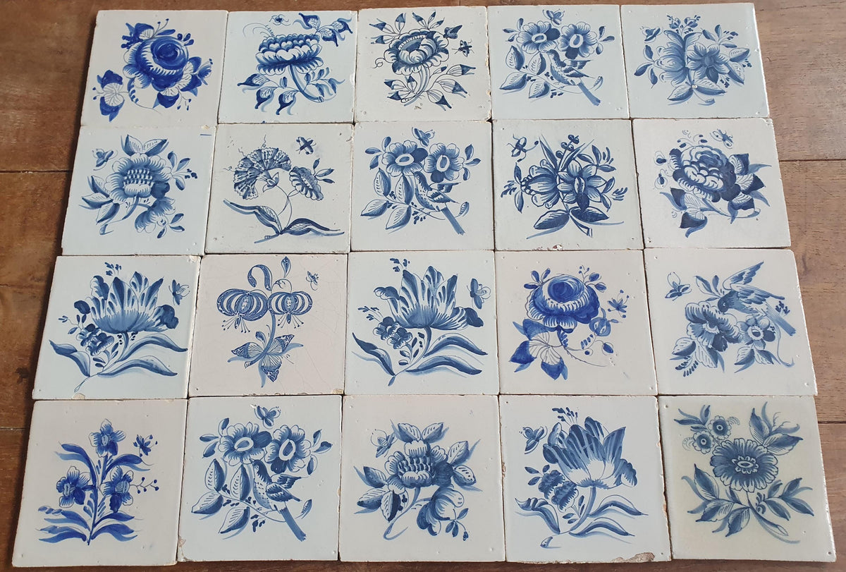 20 x Antique Delft Tiles, 18th Century, Floral Blue Flowers, planttile.
