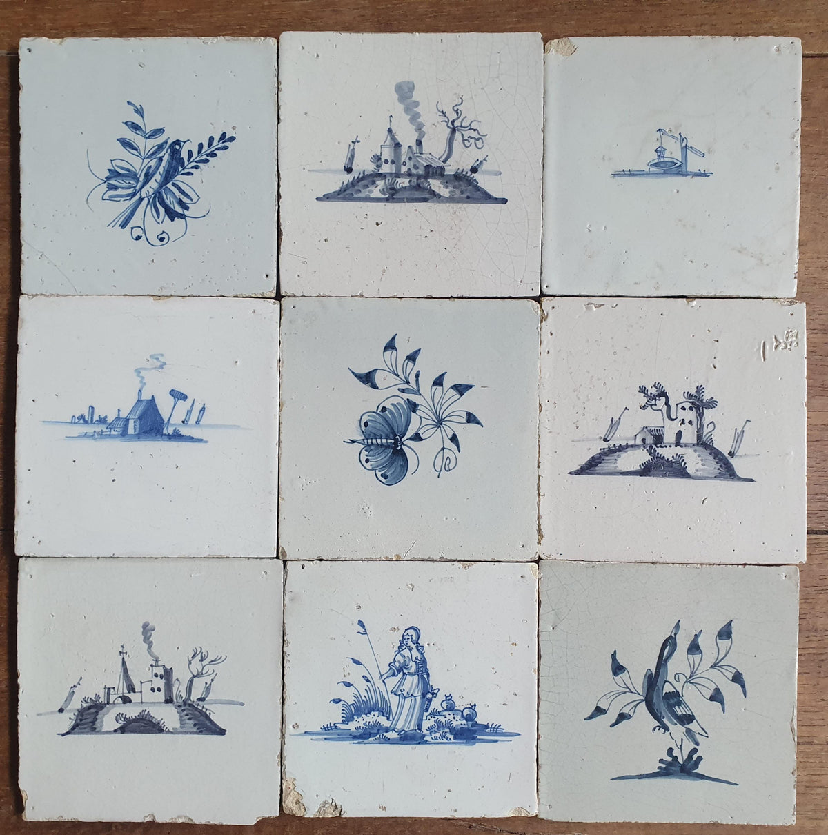 9 x Antique Delft Tiles, 18th Century, Floral Blue Flowers, planttile.