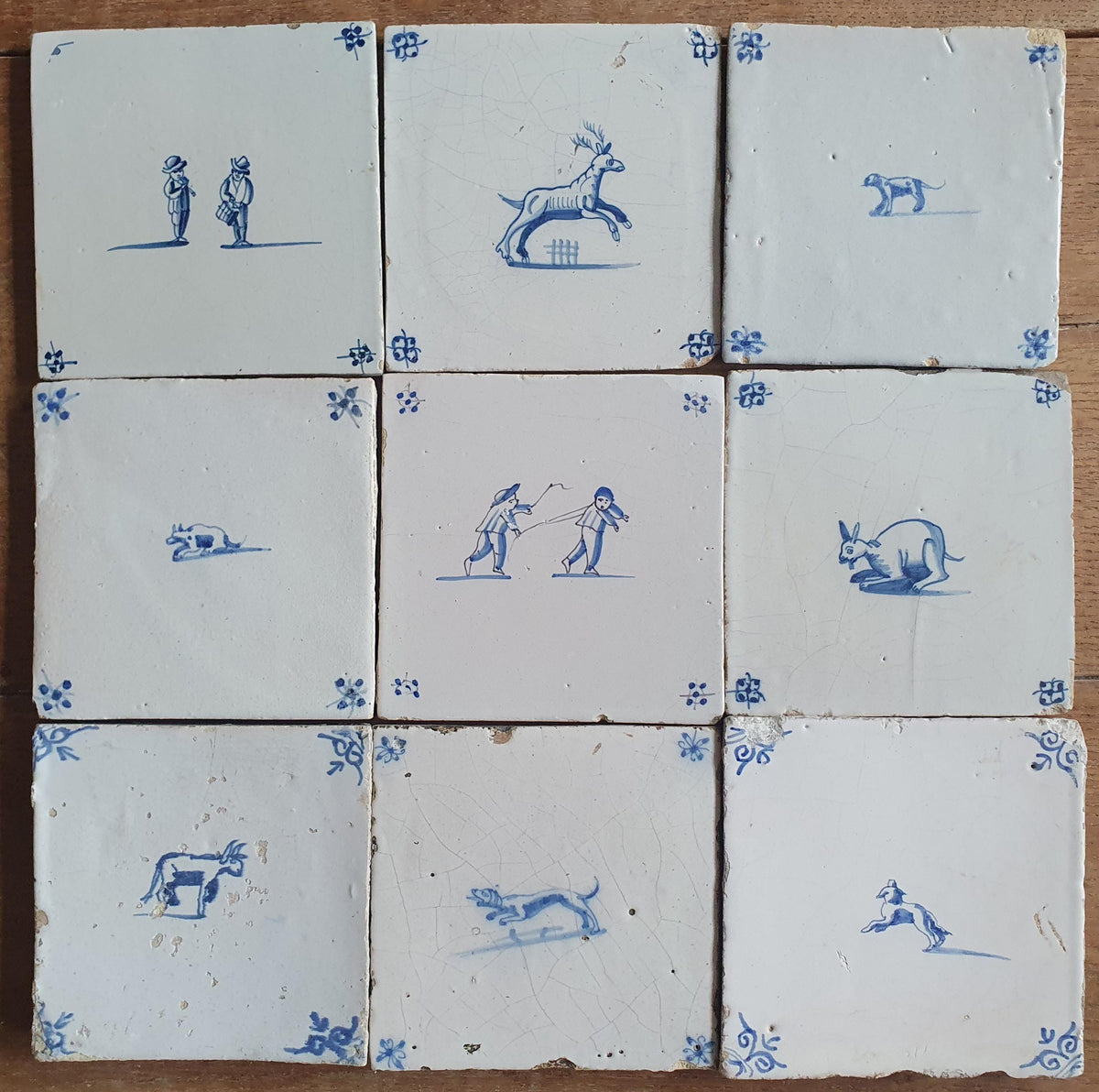 9x Antique Delft tiles, 17th Century Dutch Wall tile,Decor animaltile