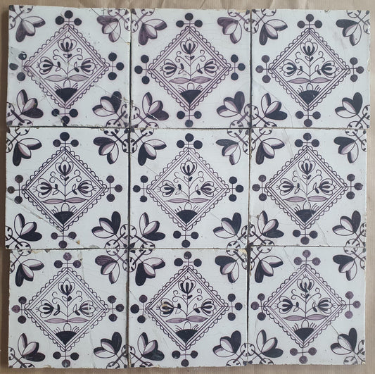 Set of 9 antique Dutch wall tiles, circular tiles featuring flower vases in manganese; Delft Blue Dutch backsplash fireplace tiles.