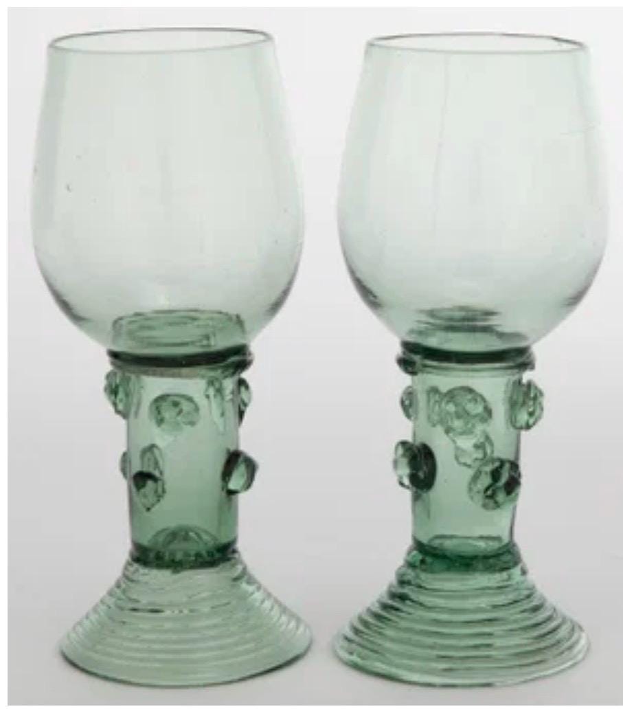 Pair of Antique Green Glass Roemer Wine Glasses with Prunts, 19th Century German Dutch Glass