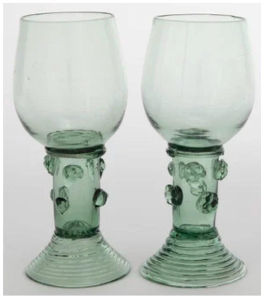 Pair of Antique Green Glass Roemer Wine Glasses with Prunts, 19th Century German Dutch Glass