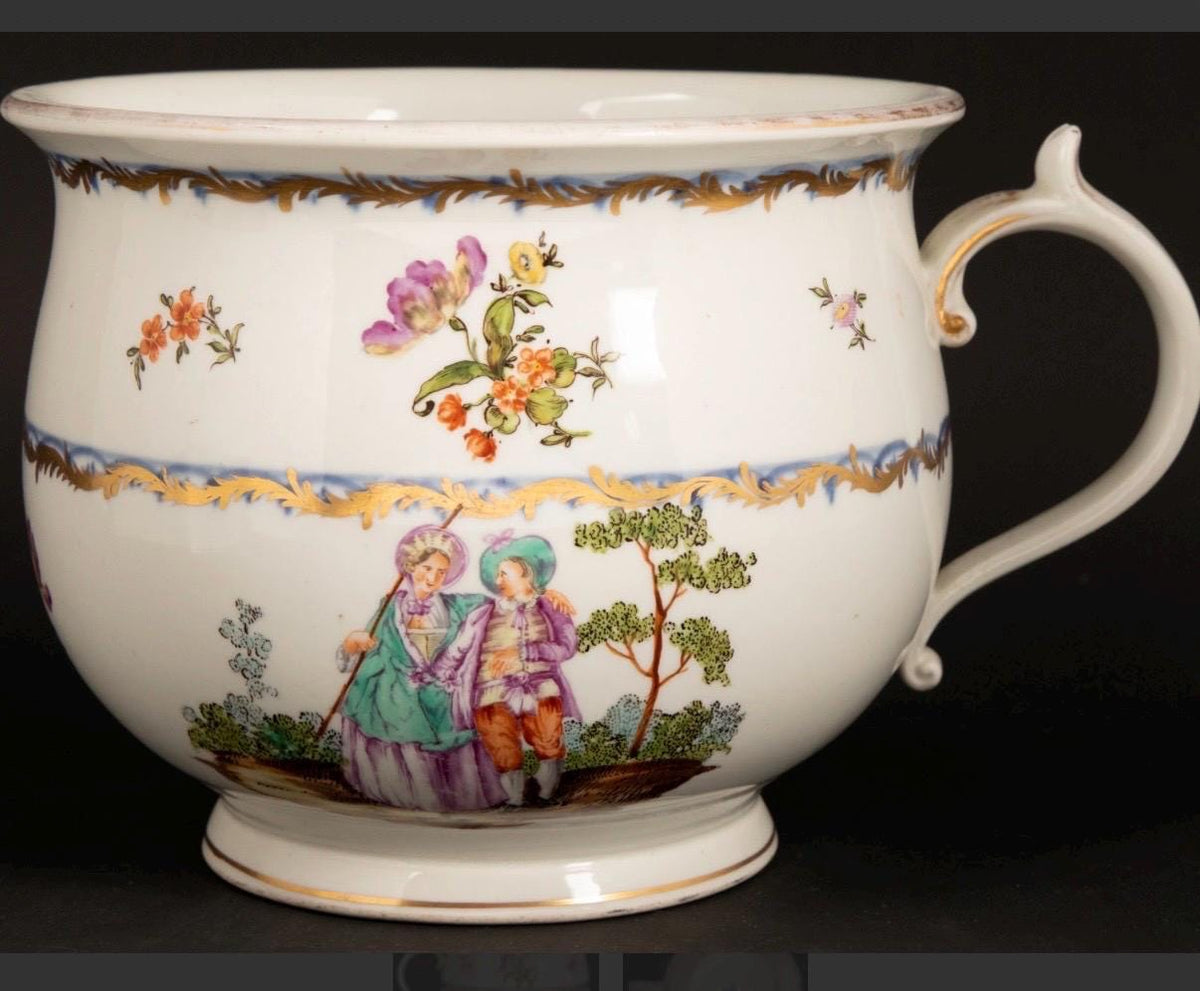 18th Century rare Vienna Porcelain Chamber Pot Alt Wien Hand Painted and Gilt pot, decorated with figures and flowers.