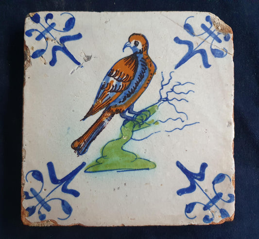 Antique Delft Tile - Polychrome  Bird of prey, Lilyhead Motifs, Around 1625
