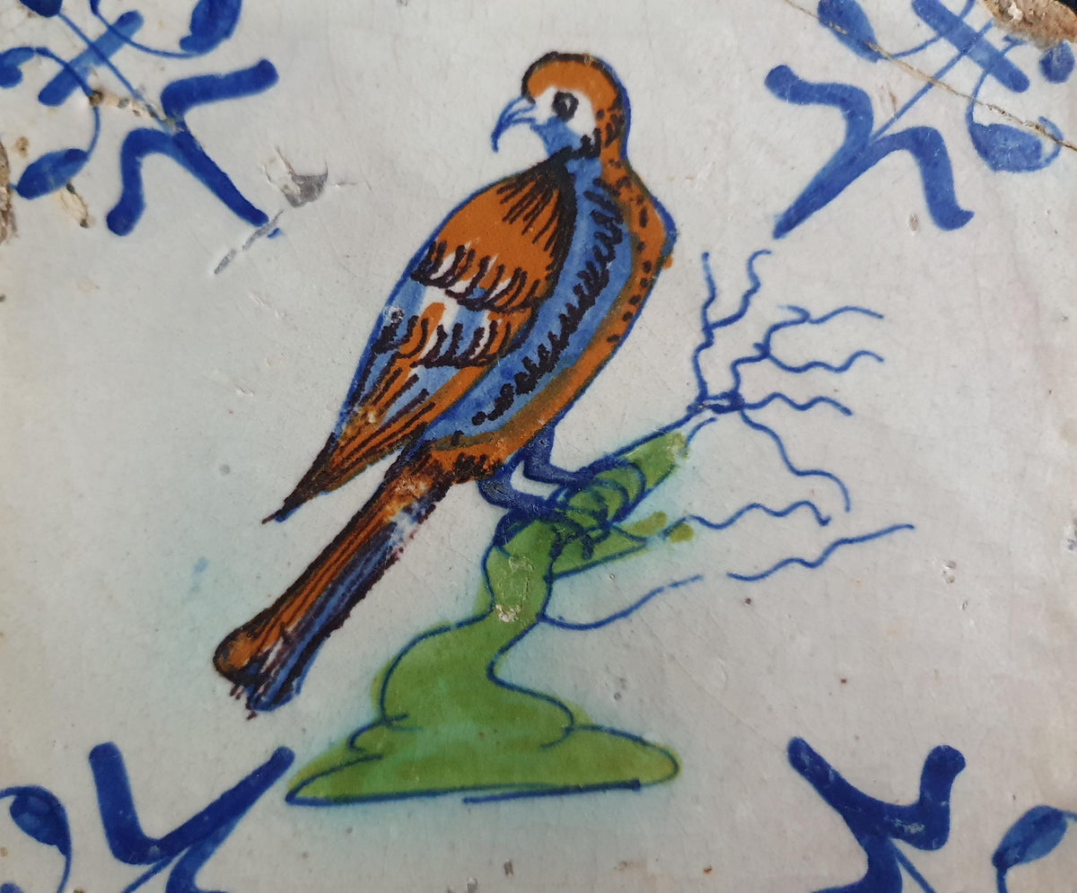 Antique Delft Tile - Polychrome  Bird of prey, Lilyhead Motifs, Around 1625