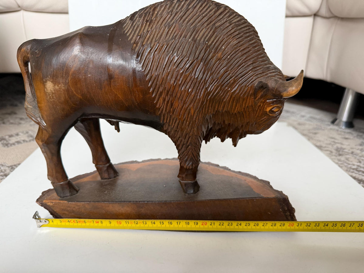 Polish Midcentury PRL Communist Era Zubr Bison designer Sculpture, Hand Carved Wood, ca. 1960s