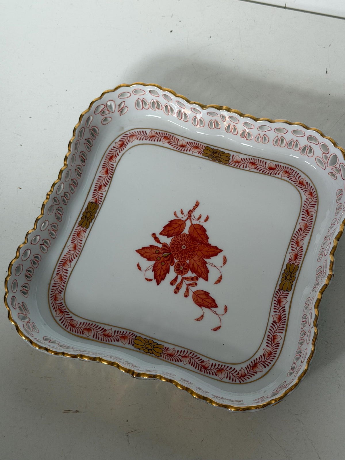 Large Herend Apponyi Orange Square Openwork dish, serving tray , Basket,  platter,  Hand-Painted Porcelain, Hungary, ca. 18 cm