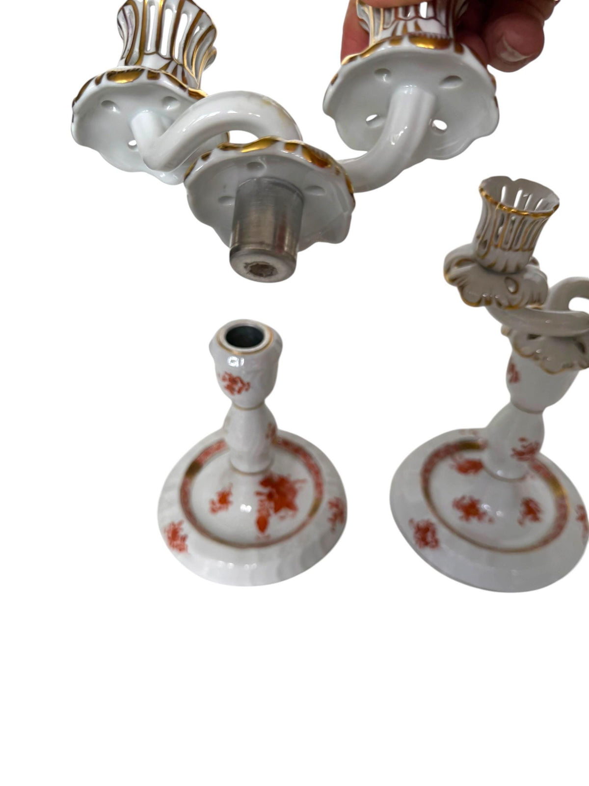 Pair of Herend Apponyi Orange Convertible Two-Arm Candelabra, Hand-Painted Porcelain, Hungary
