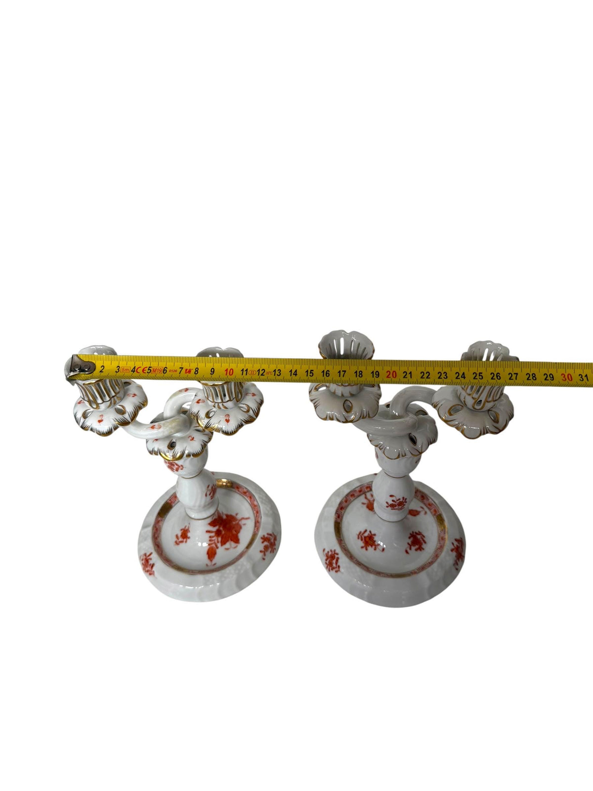 Pair of Herend Apponyi Orange Convertible Two-Arm Candelabra, Hand-Painted Porcelain, Hungary