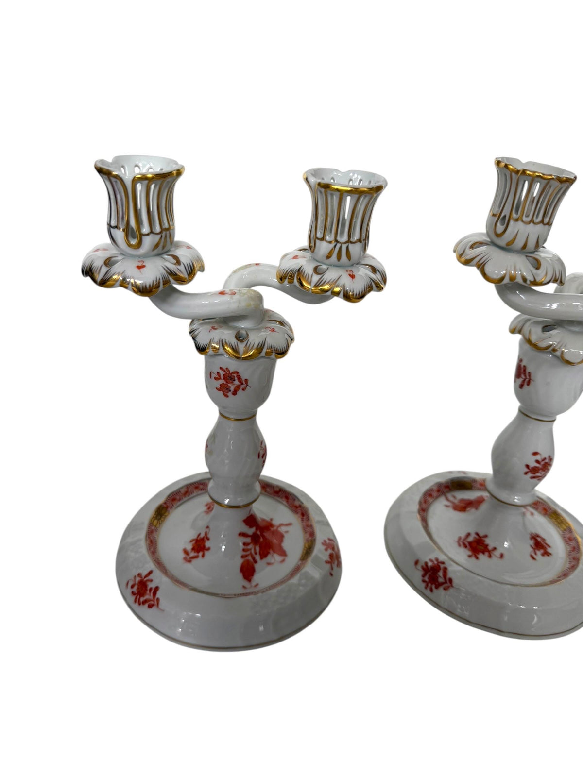 Pair of Herend Apponyi Orange Convertible Two-Arm Candelabra, Hand-Painted Porcelain, Hungary