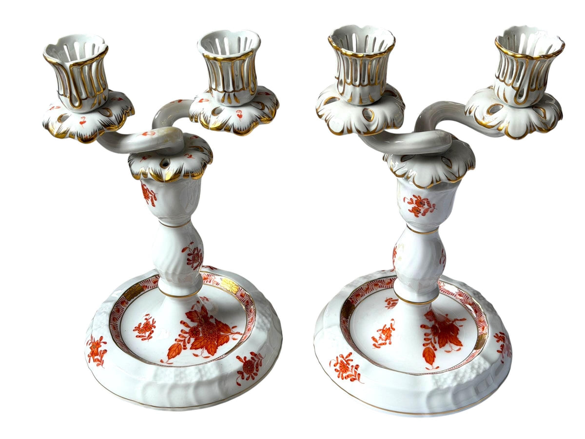 Pair of Herend Apponyi Orange Convertible Two-Arm Candelabra, Hand-Painted Porcelain, Hungary