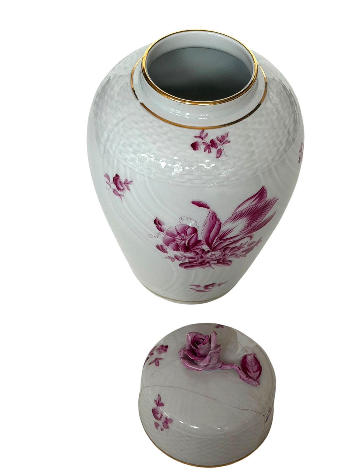 Herend Hungary Porcelain Ginger Jar, Pink Floral Decor, Rose Finial, Lidded Vase, 22 cm