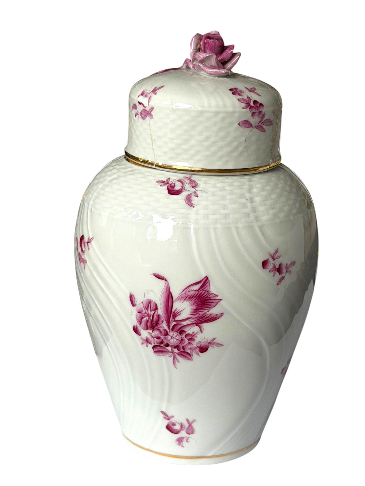 Herend Hungary Porcelain Ginger Jar, Pink Floral Decor, Rose Finial, Lidded Vase, 22 cm