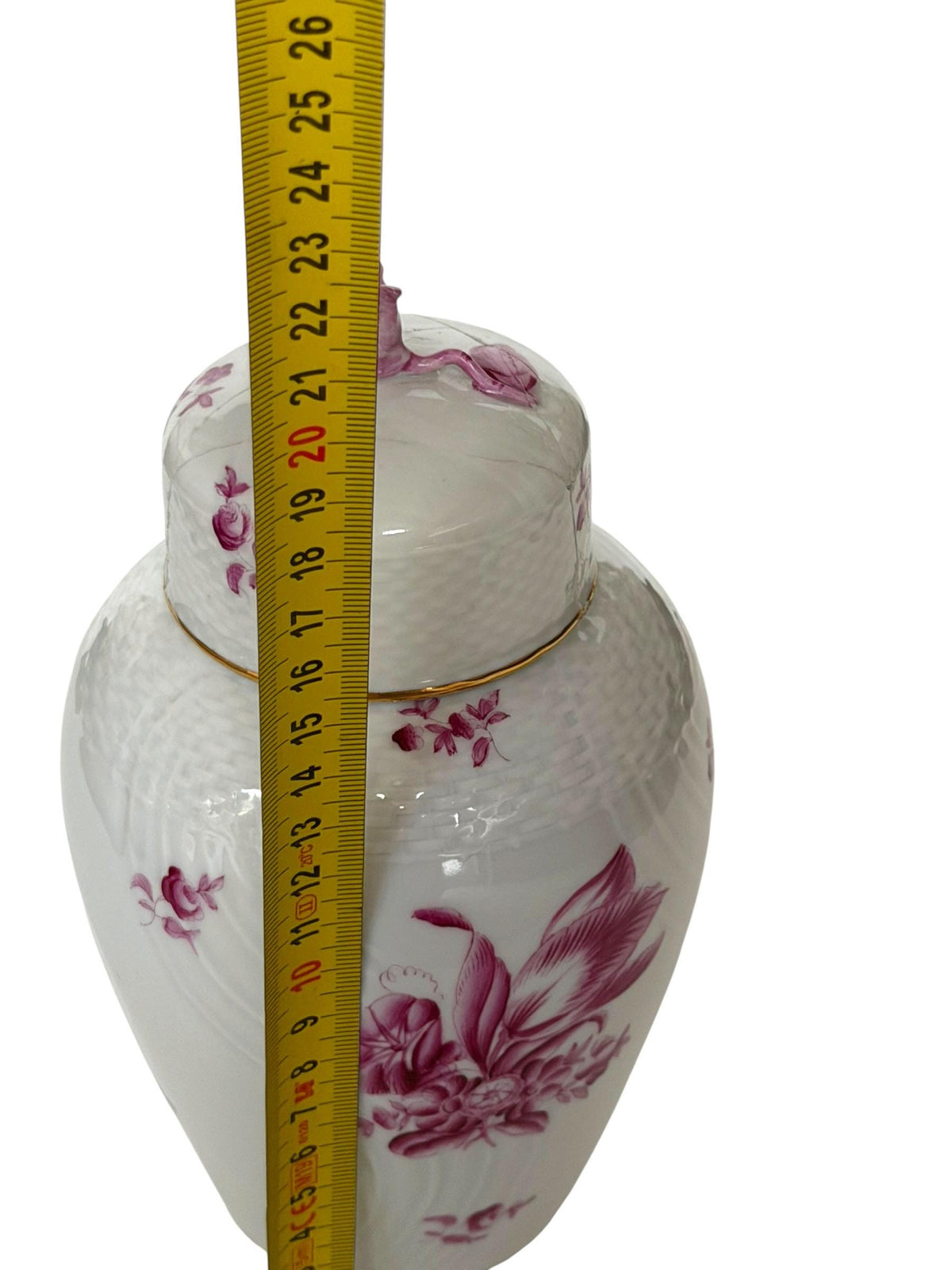 Herend Hungary Porcelain Ginger Jar, Pink Floral Decor, Rose Finial, Lidded Vase, 22 cm