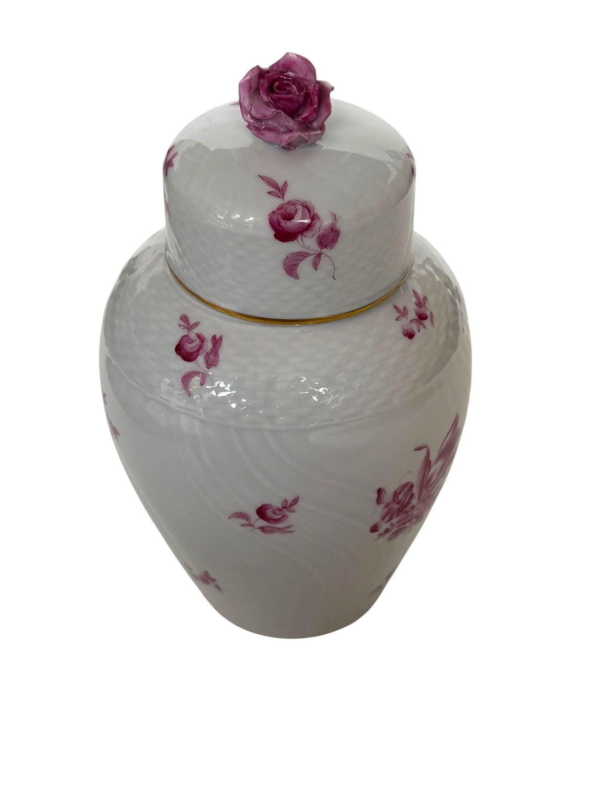 Herend Hungary Porcelain Ginger Jar, Pink Floral Decor, Rose Finial, Lidded Vase, 22 cm
