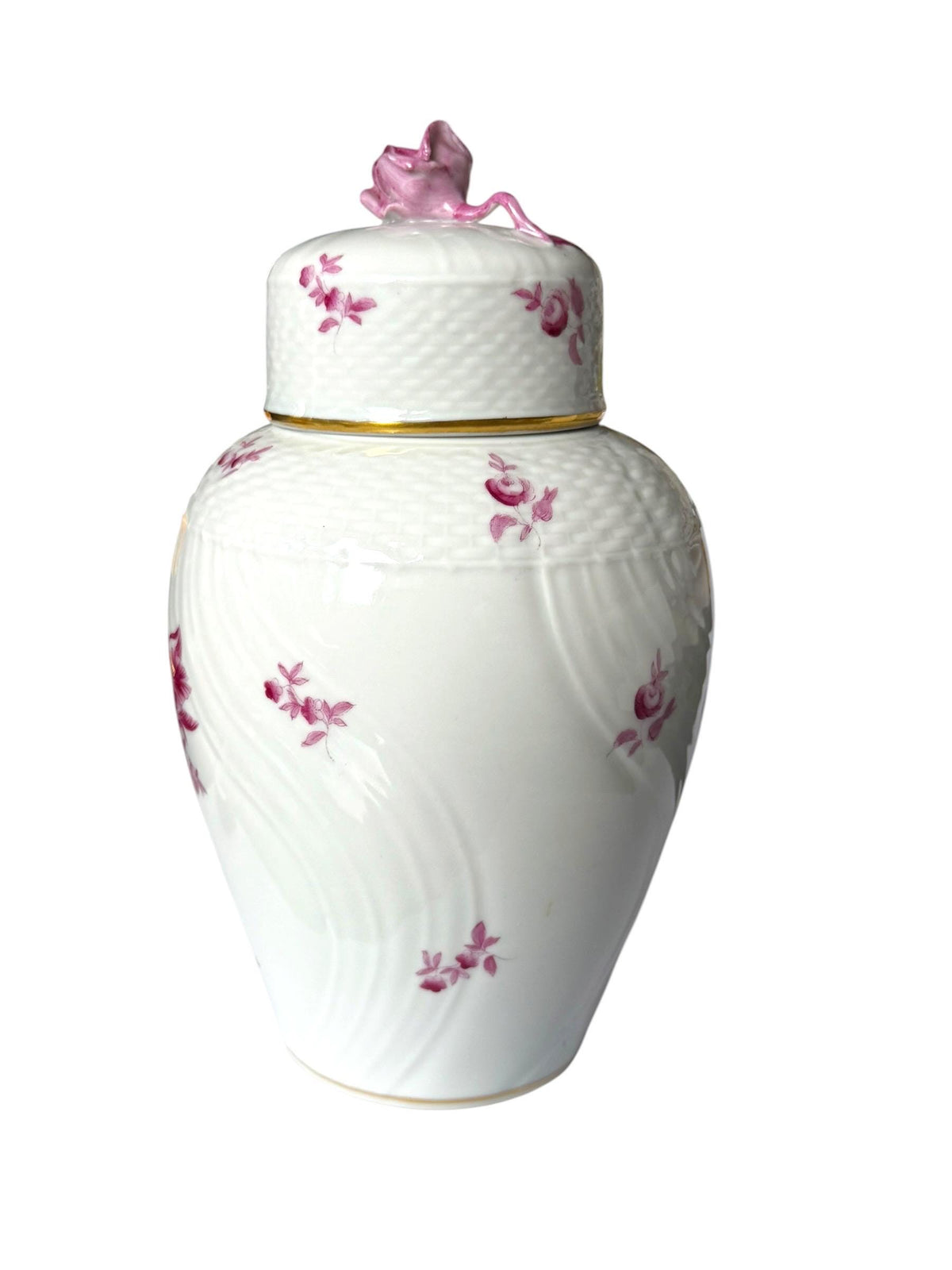 Herend Hungary Porcelain Ginger Jar, Pink Floral Decor, Rose Finial, Lidded Vase, 22 cm