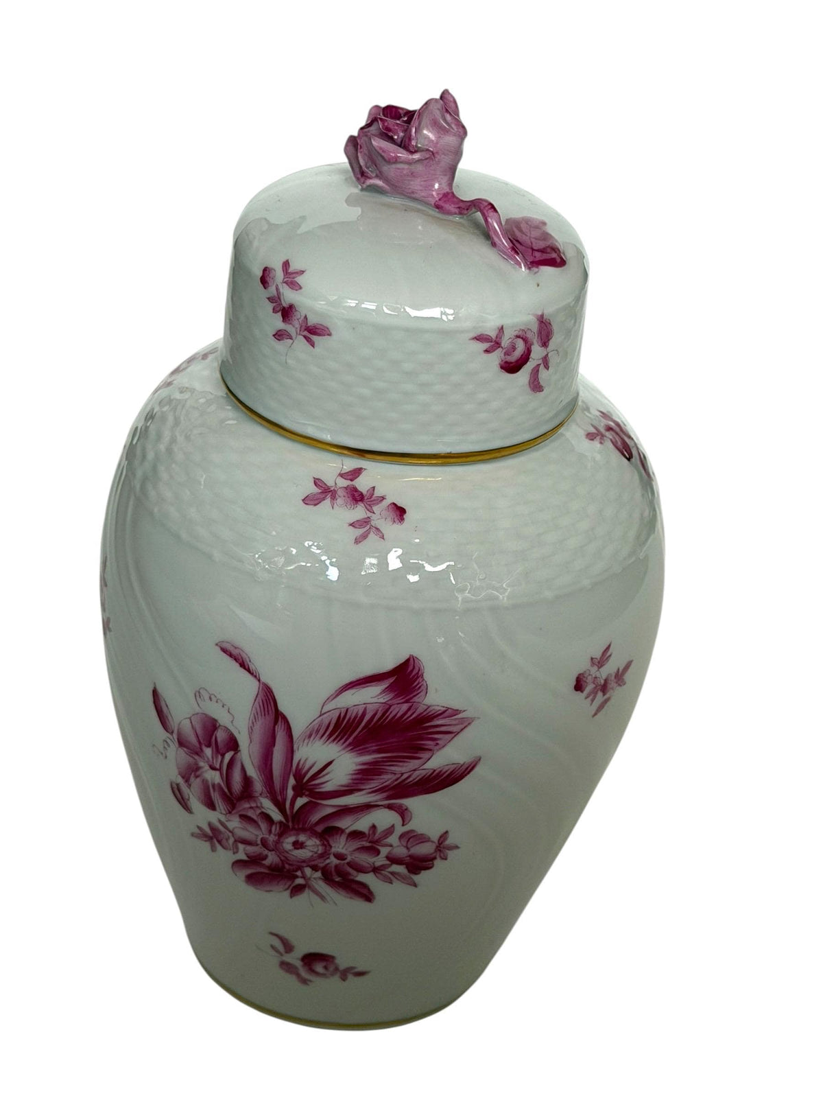 Herend Hungary Porcelain Ginger Jar, Pink Floral Decor, Rose Finial, Lidded Vase, 22 cm