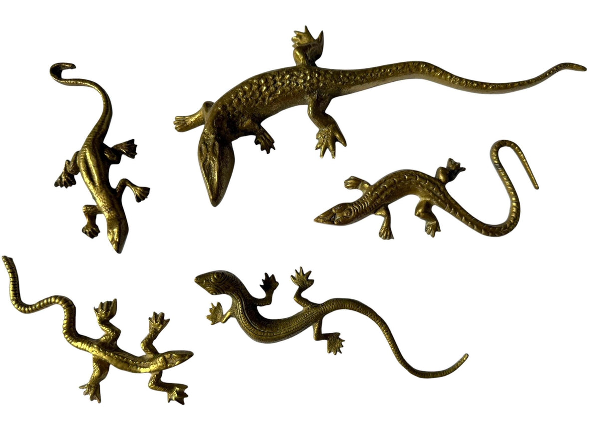 Vintage Gecko Lizard Salamander Figures – Set of 5 bronze / brass / copper display figurines - largest 21 cm - collector collectable items