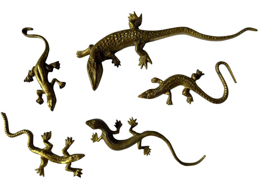 Vintage Gecko Lizard Salamander Figures – Set of 5 bronze / brass / copper display figurines - largest 21 cm - collector collectable items