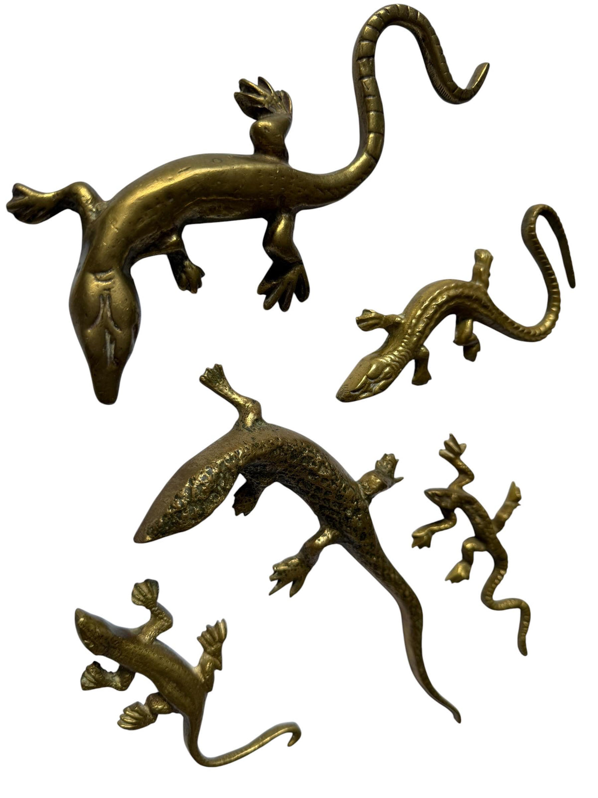 Vintage Gecko Lizard Salamander Figures – Set of 5 bronze / brass / copper display figurines - largest 21 cm - collector collectable items