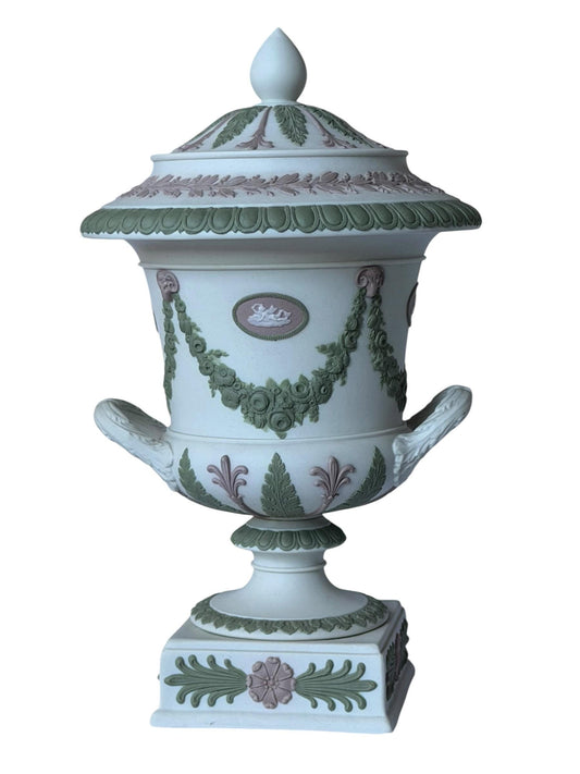 Wedgwood Tri-Color Jasperware lidded vase, Covered chestnut Vase, Sage Green Lilac White,  19th Century, rare exclusive mantel piece ca 1870