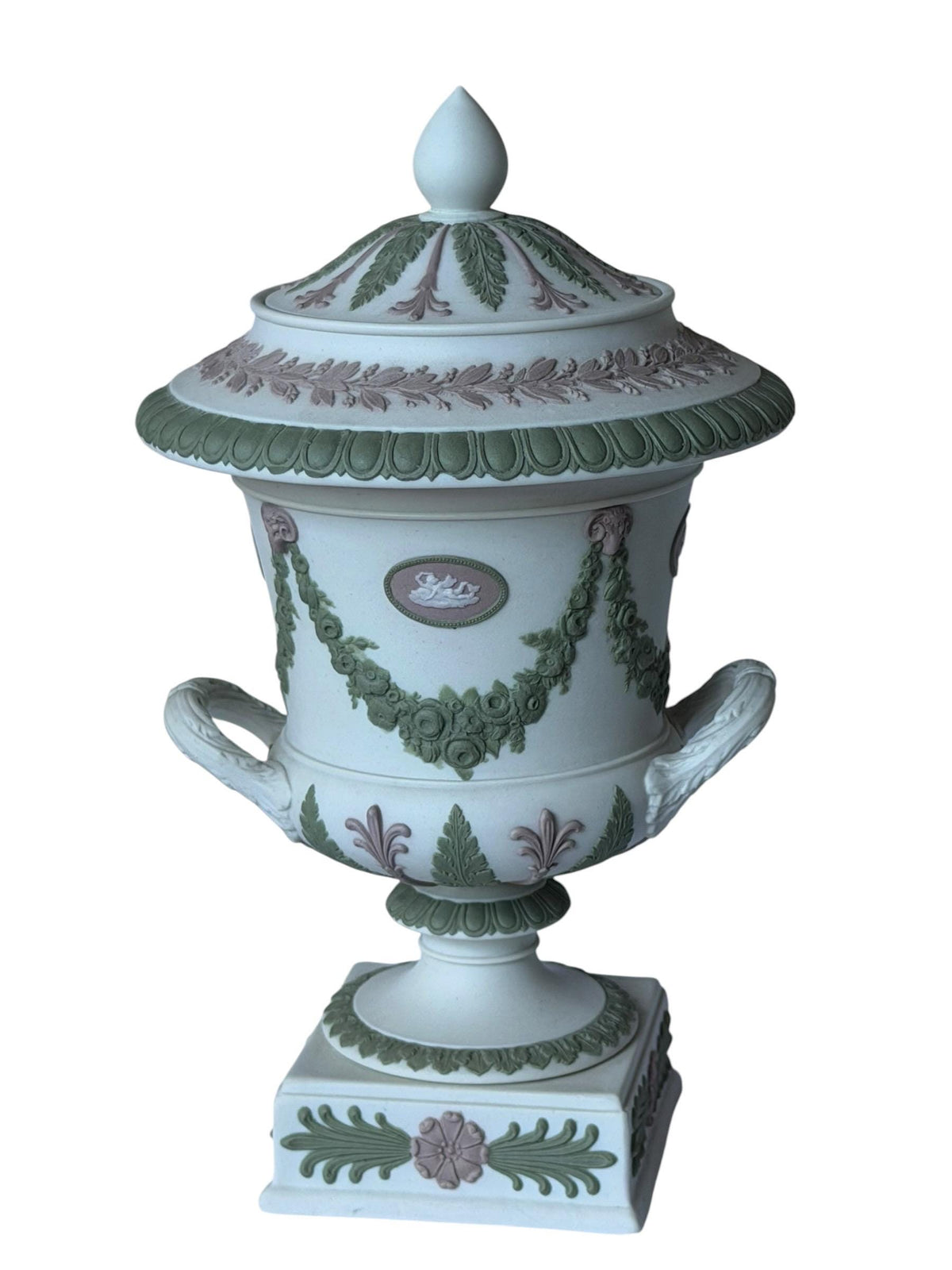 Wedgwood Tri-Color Jasperware lidded vase, Covered chestnut Vase, Sage Green Lilac White,  19th Century, rare exclusive mantel piece ca 1870