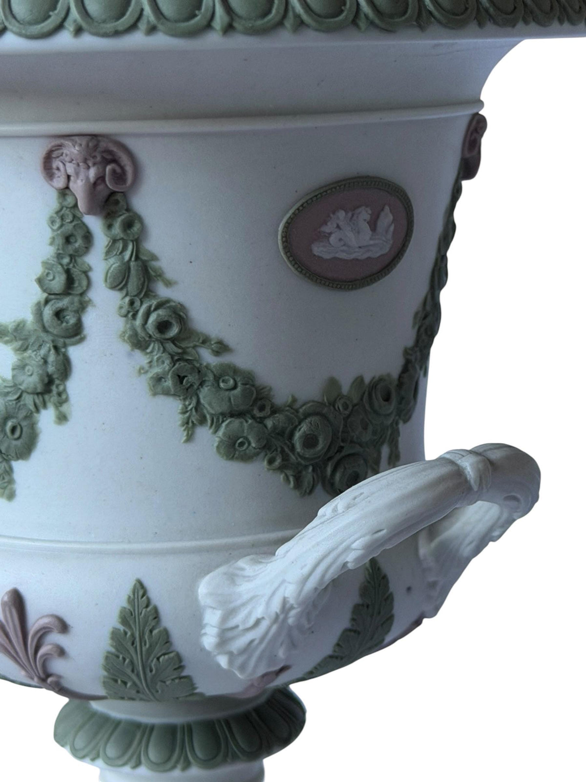 Wedgwood Tri-Color Jasperware lidded vase, Covered chestnut Vase, Sage Green Lilac White,  19th Century, rare exclusive mantel piece ca 1870