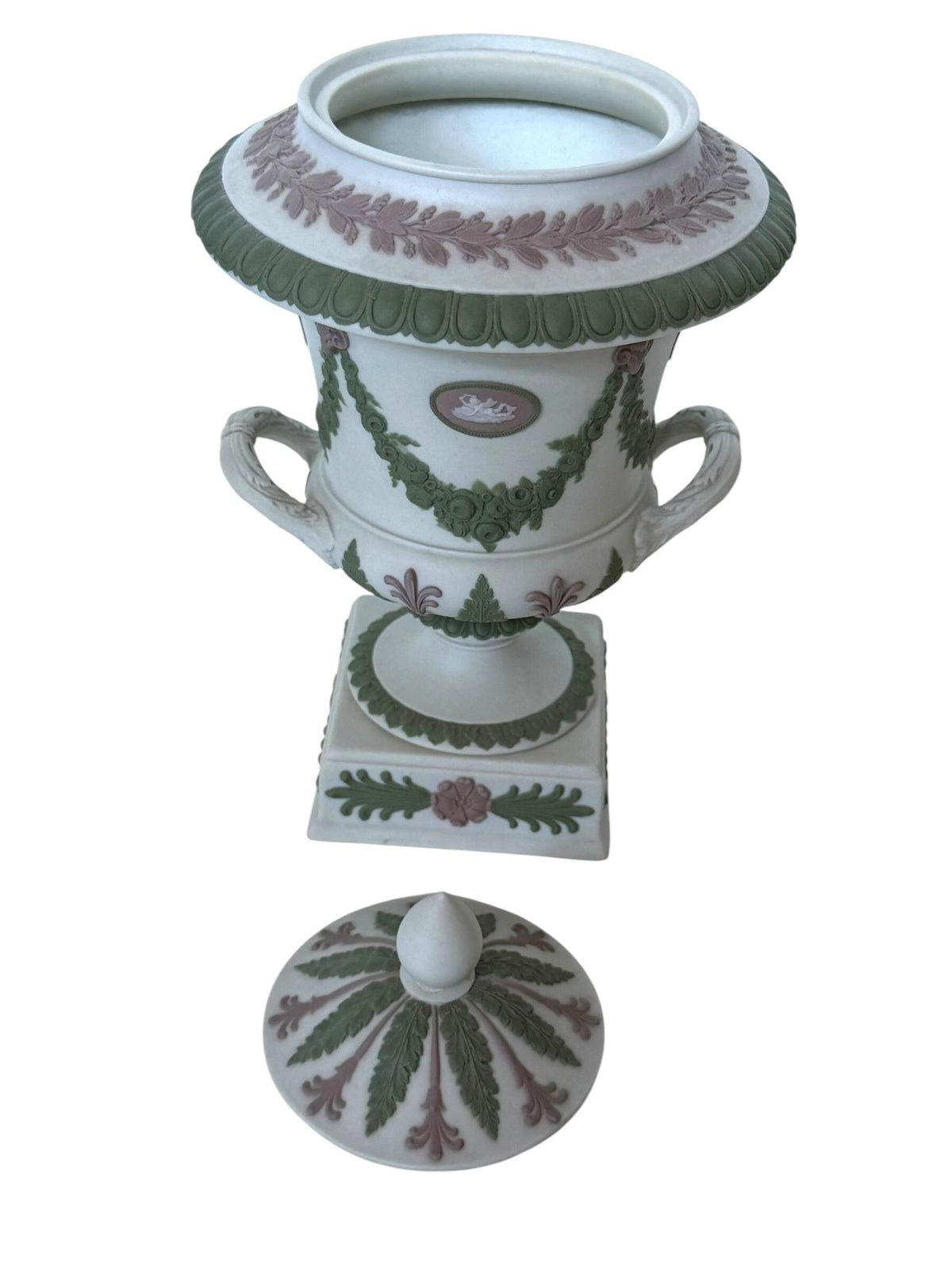 Wedgwood Tri-Color Jasperware lidded vase, Covered chestnut Vase, Sage Green Lilac White,  19th Century, rare exclusive mantel piece ca 1870