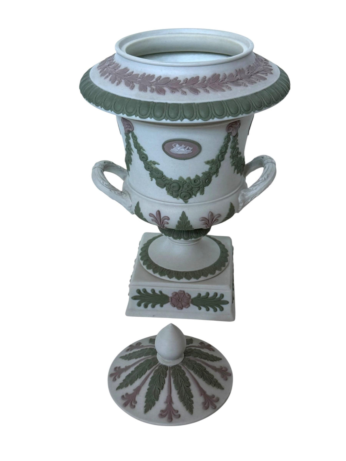 Wedgwood Tri-Color Jasperware lidded vase, Covered chestnut Vase, Sage Green Lilac White,  19th Century, rare exclusive mantel piece ca 1870