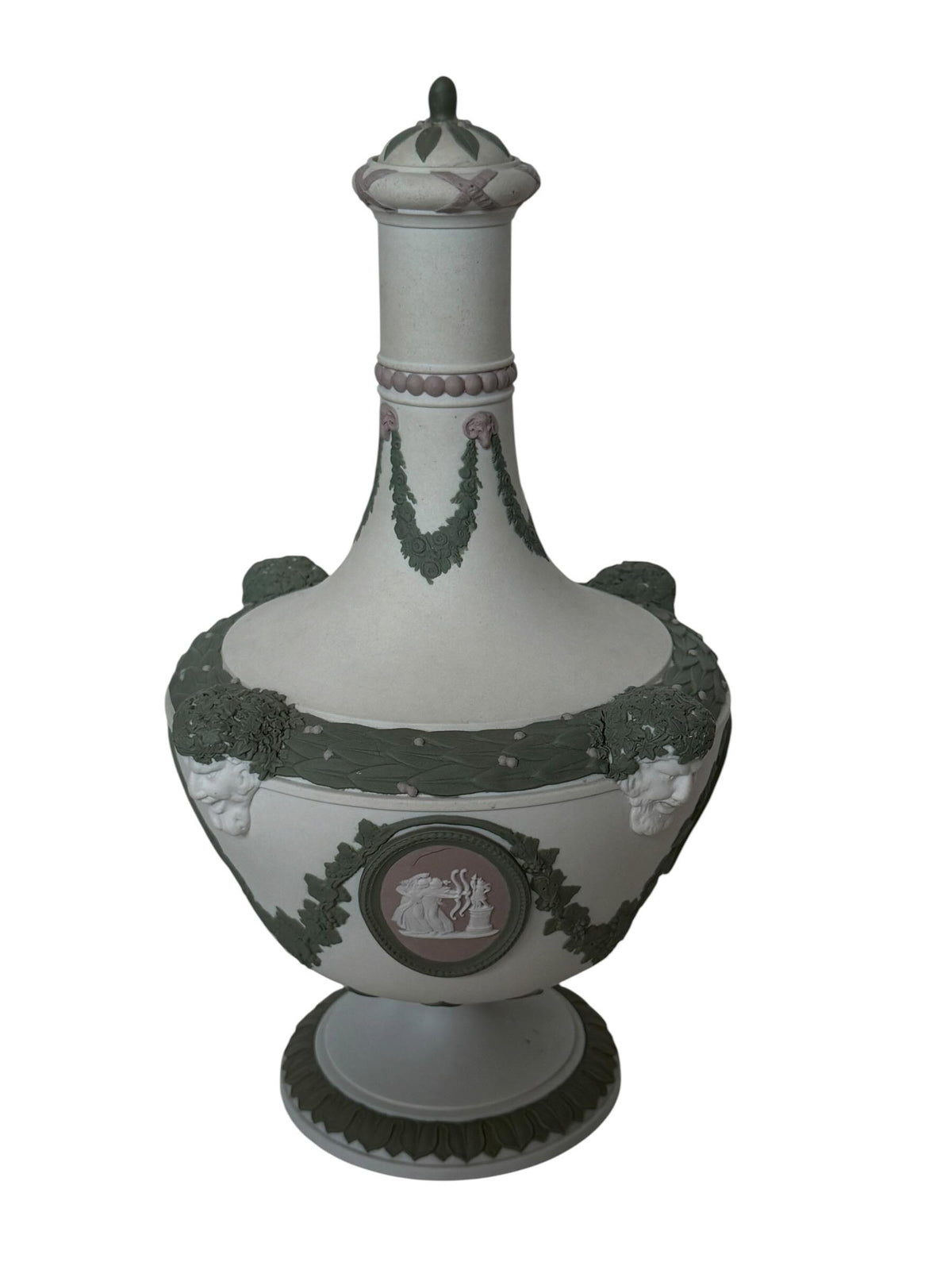 exclusive Wedgwood Tri-Color Jasperware Barber Bottle and Cover with Satyr Masks, Sage Green Lilac White, c. 1870 rare mantelpiece