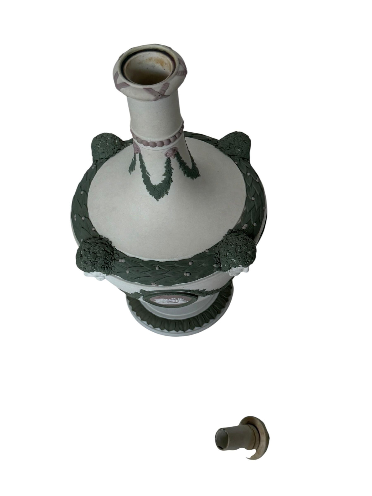 exclusive Wedgwood Tri-Color Jasperware Barber Bottle and Cover with Satyr Masks, Sage Green Lilac White, c. 1870 rare mantelpiece