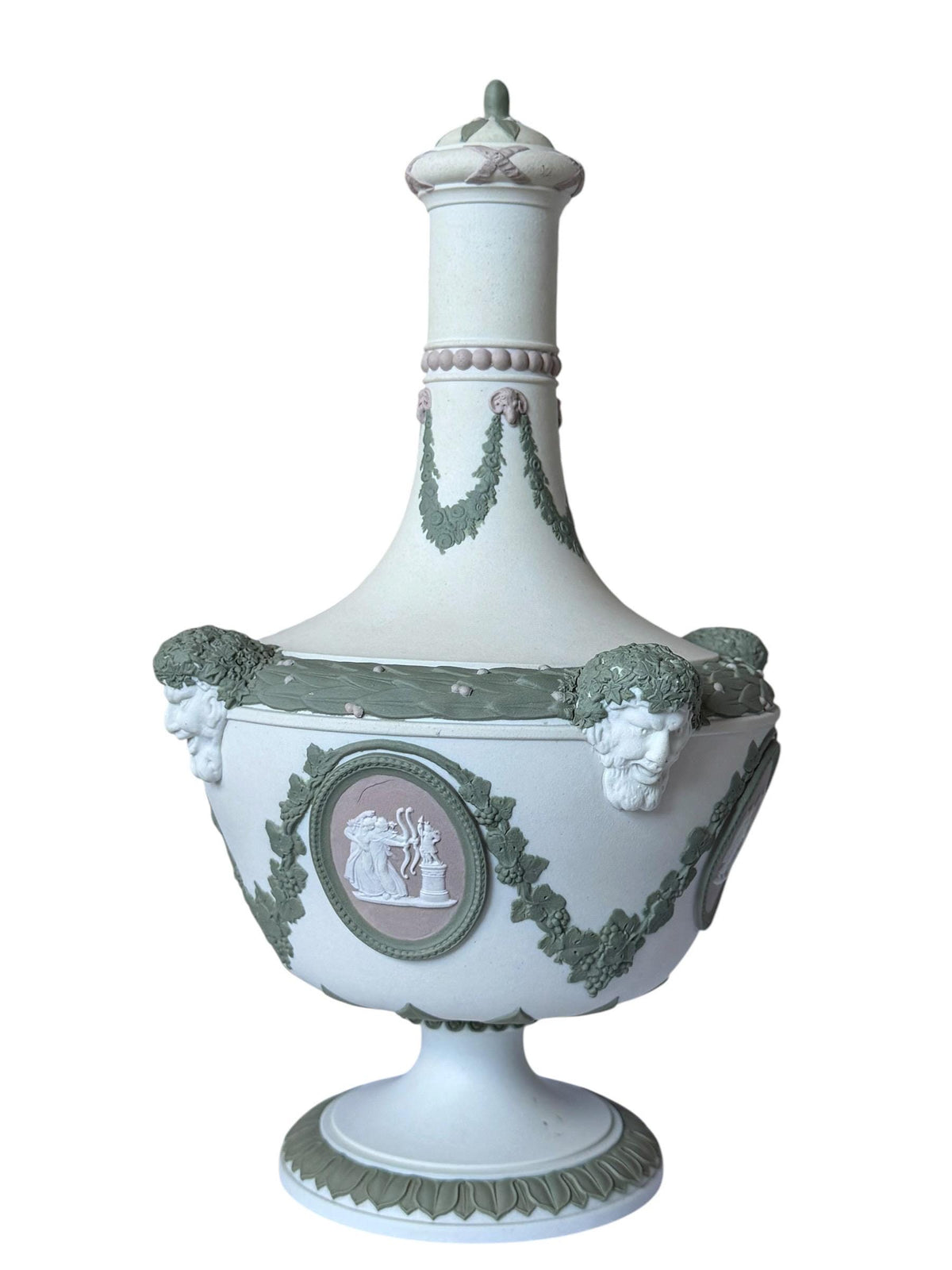 exclusive Wedgwood Tri-Color Jasperware Barber Bottle and Cover with Satyr Masks, Sage Green Lilac White, c. 1870 rare mantelpiece