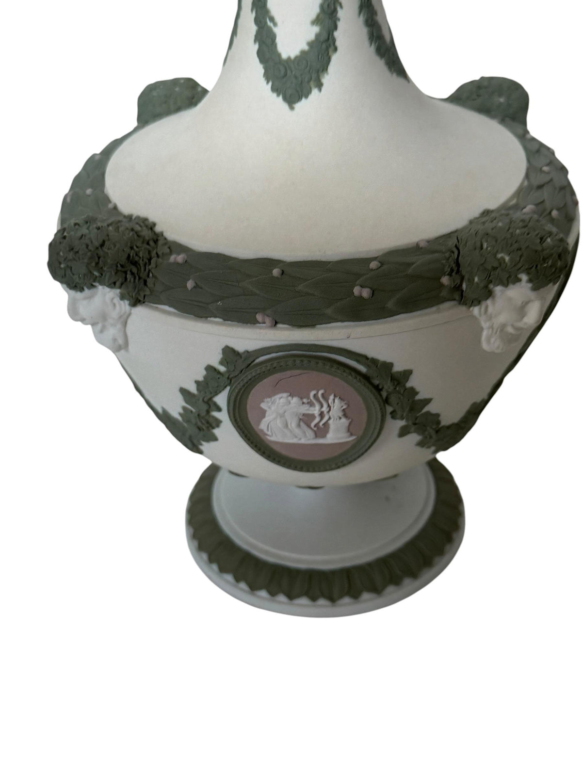 exclusive Wedgwood Tri-Color Jasperware Barber Bottle and Cover with Satyr Masks, Sage Green Lilac White, c. 1870 rare mantelpiece
