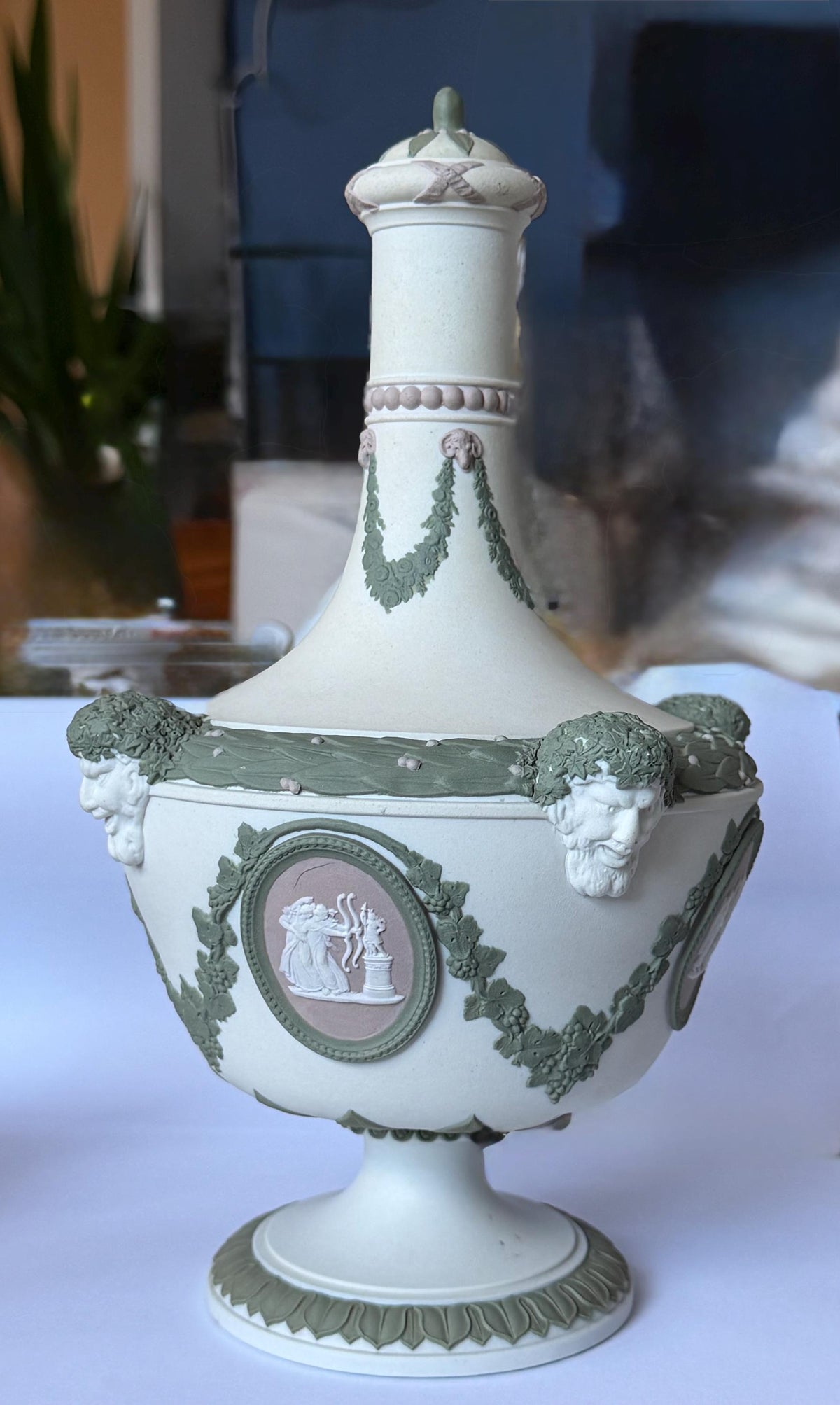 exclusive Wedgwood Tri-Color Jasperware Barber Bottle and Cover with Satyr Masks, Sage Green Lilac White, c. 1870 rare mantelpiece