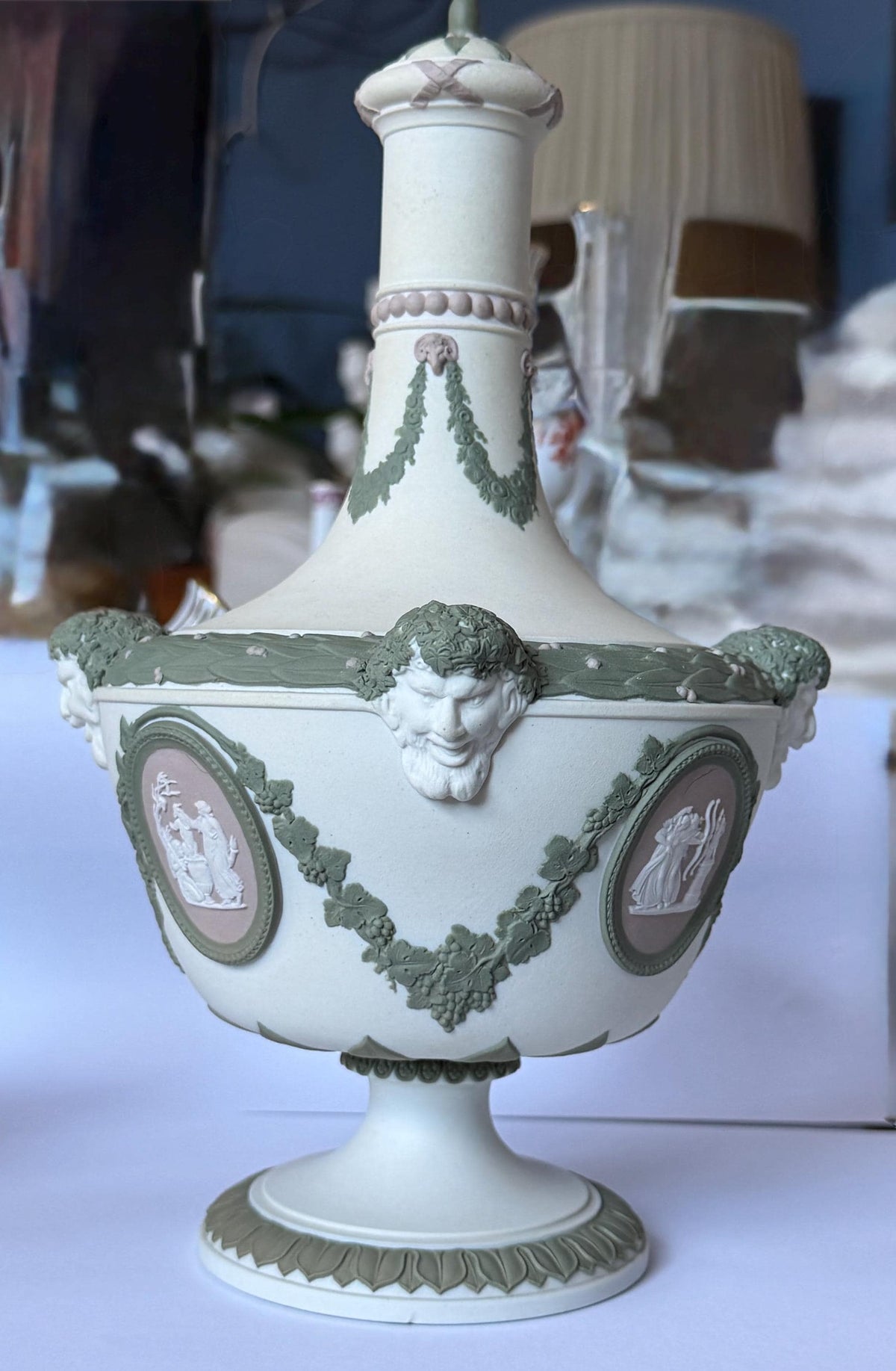 exclusive Wedgwood Tri-Color Jasperware Barber Bottle and Cover with Satyr Masks, Sage Green Lilac White, c. 1870 rare mantelpiece